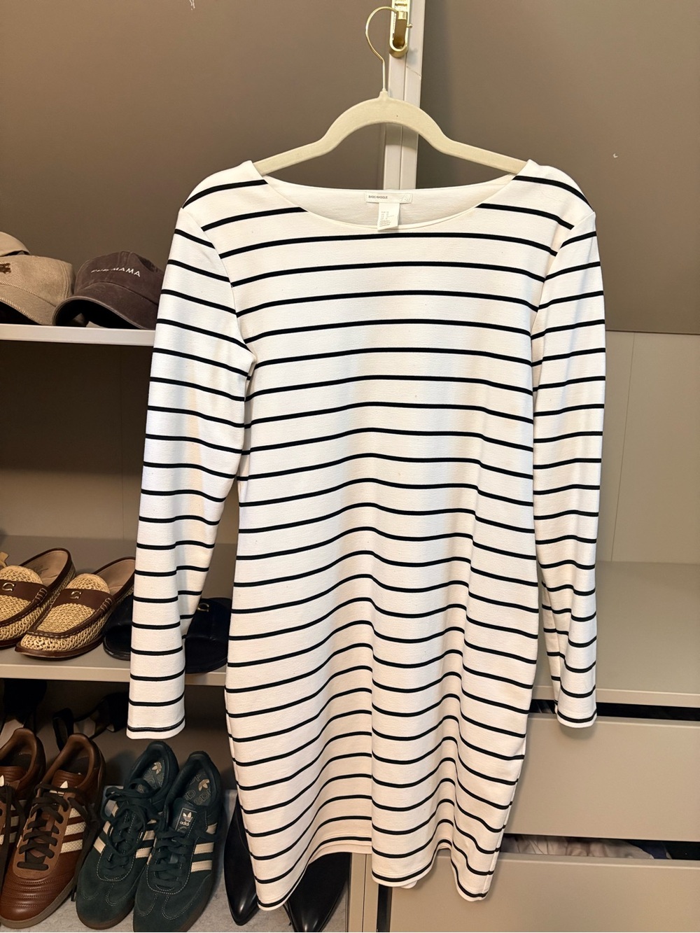 H&M White Long-Sleeve Boatneck Dress with Black Stripes